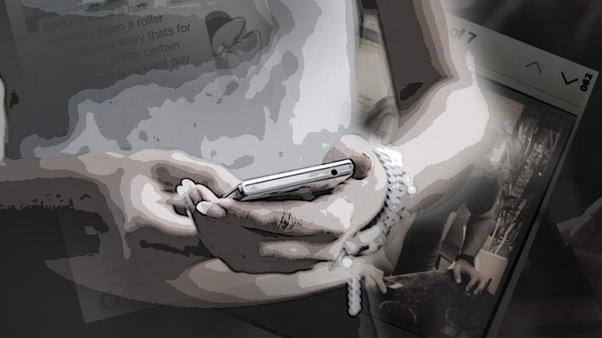 A manicured hand holds a mobile phone in a black and white graphic.