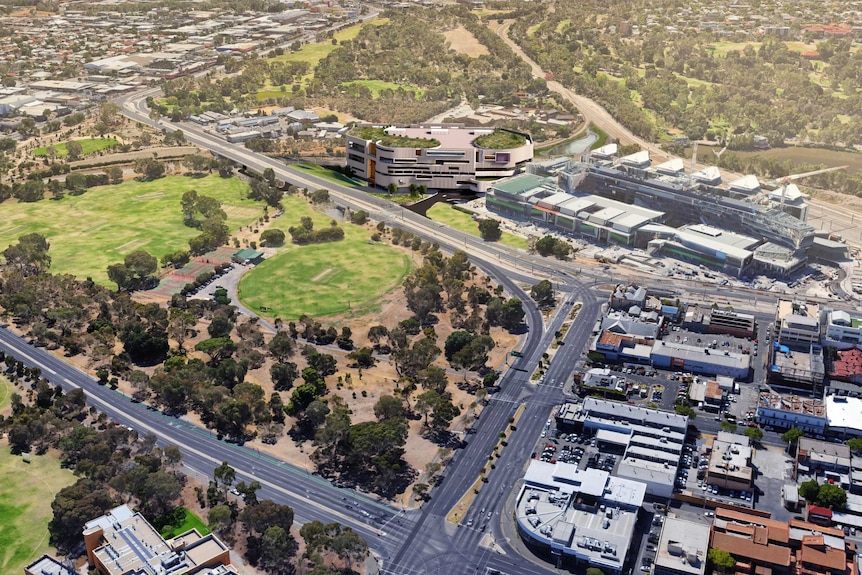 An aerial view including artist's impression of proposed Women's and Children's Hospital next to the Royal Adelaide Hospital.