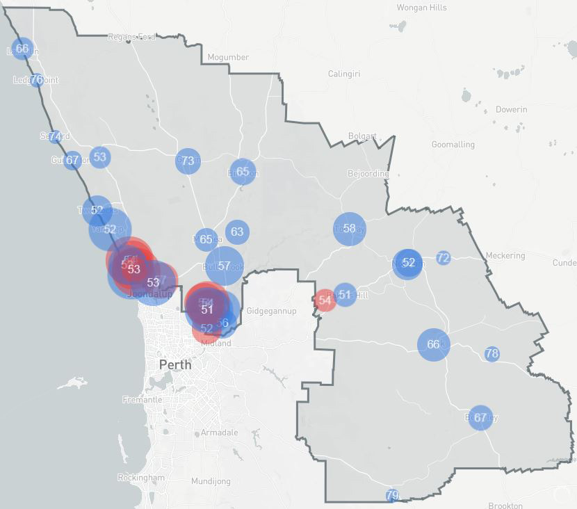 A map of Perth's north with red and blue dots for each polling station.