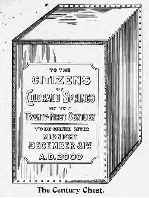 Sketch of a cube with the inscription, "To the citizens of Colorado Springs of the twenty-first century".