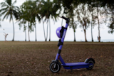 A purple e-scooter standing next to some palm trees