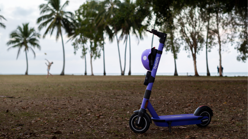 A purple e-scooter standing next to some palm trees