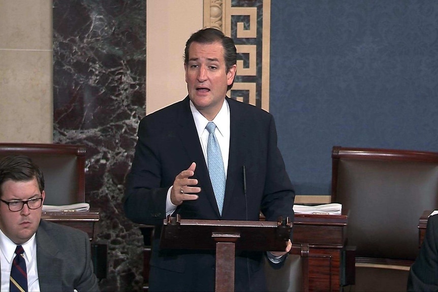US Republican senator Ted Cruz denounces Obamacare during a 21-hour speech.