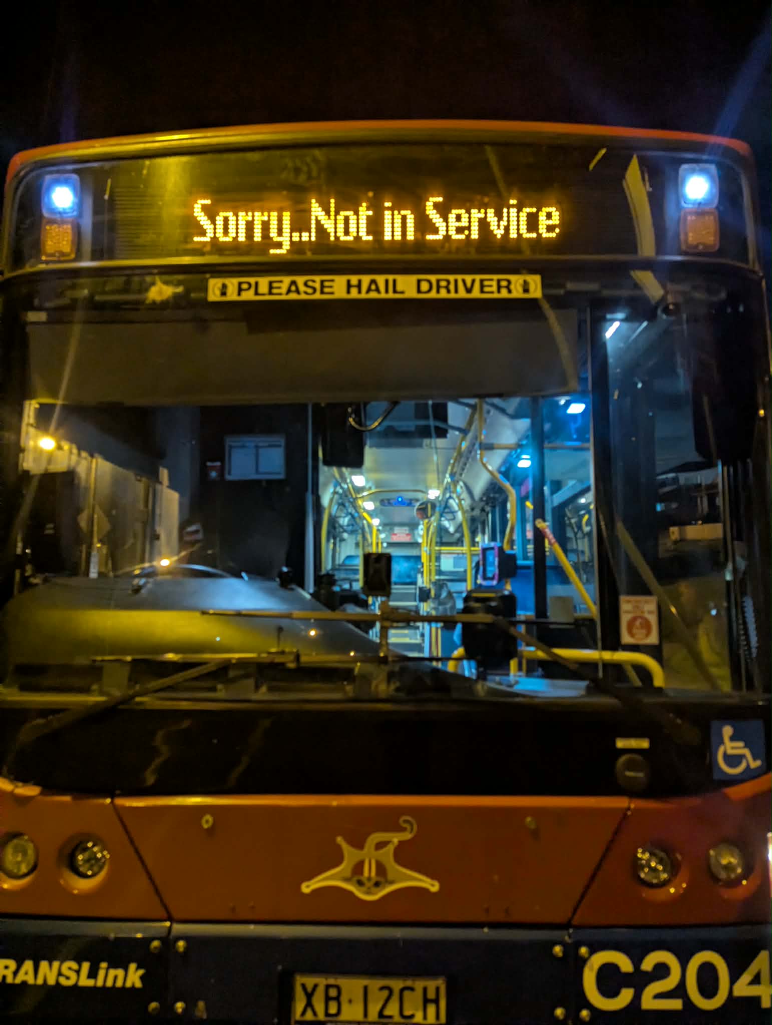 Front of CityGlider bus at night