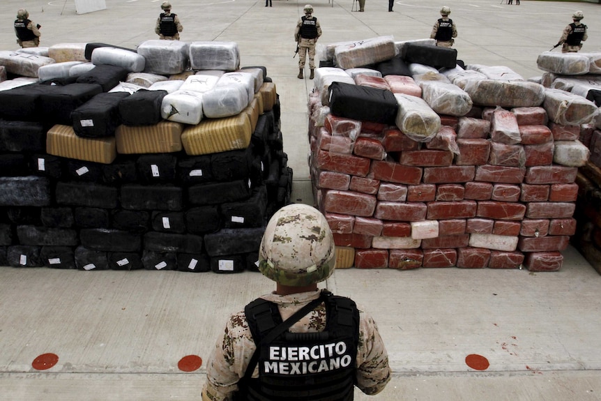 Soldiers stand guard next to packages of marijuana in Mexico
