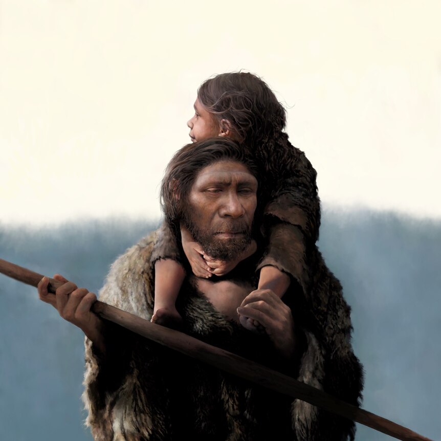 A Neanderthal father with his daughter riding on his shoulders