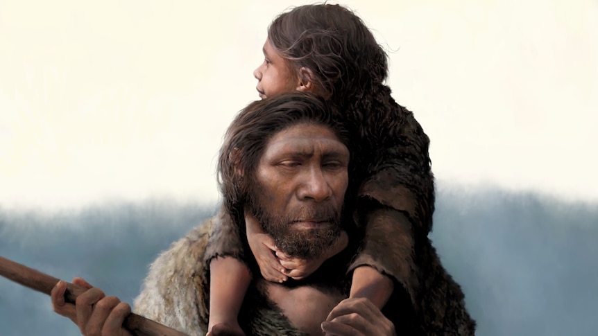 A Neanderthal father with his daughter riding on his shoulders