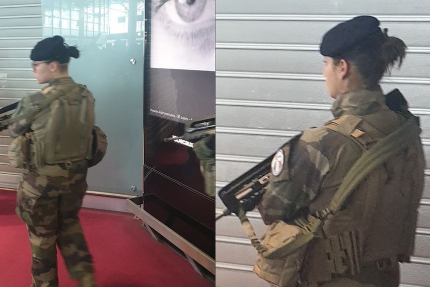 Two photos of guards carrying guns at a french airport.