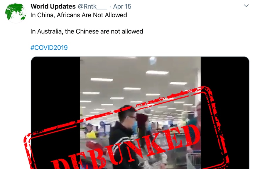 A screengrab of a tweet with video which claims Chinese people are banned in supermarkets with a large debunked stamp on top