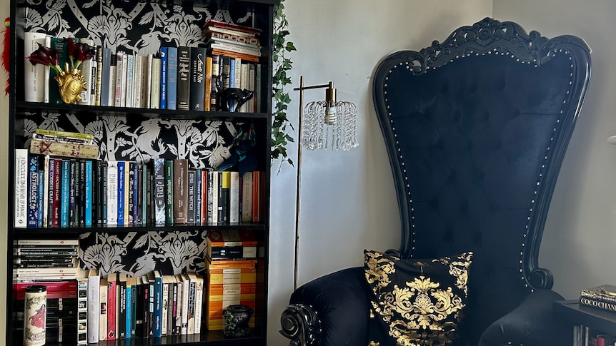 A living room corner with an ornate black chair on the right of a full bookcase lined with gothic wallpaper.