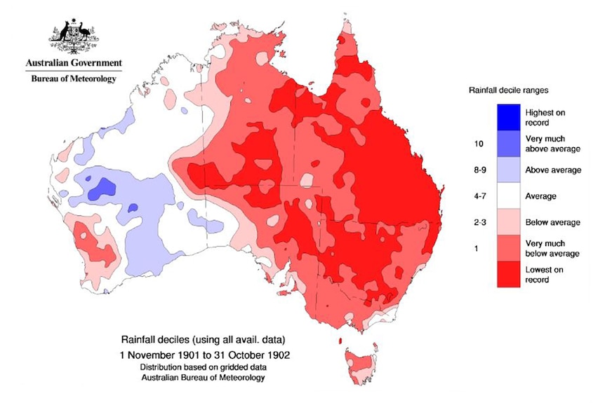 A coloured map of Australia showing rainfall deficiencies during the federation drought during the late 1890s and early 1900s.