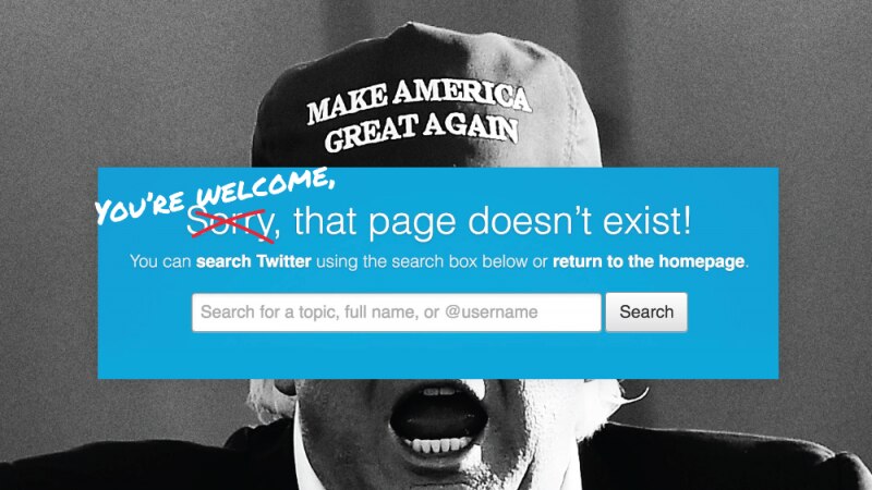 A black and white picture of Donald Trump wearing a a Make America Great Again hat, covered by a Twitter banner.