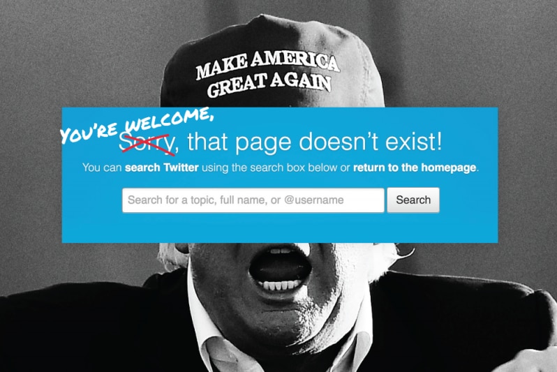 A black and white picture of Donald Trump wearing a a Make America Great Again hat, covered by a Twitter banner.