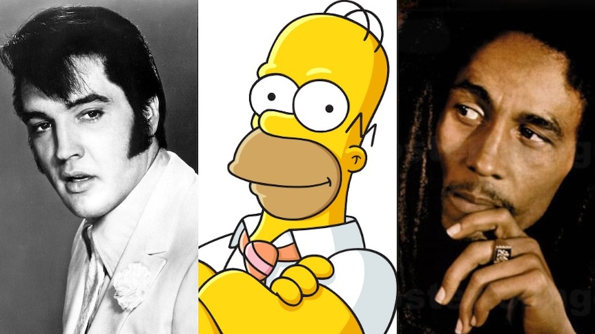 Triptych image of Elvis Presley, Homer Simpson and Bob Marley