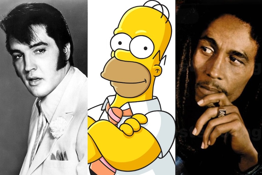 Triptych image of Elvis Presley, Homer Simpson and Bob Marley