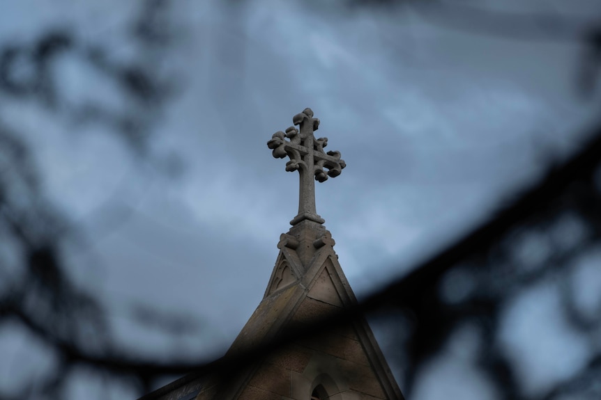 A close up of a church cross seen through tree branches.