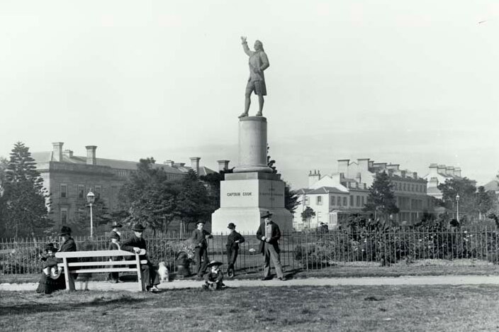 A photo of the statue of Captain Cook in Hyde Park dated "after 25 Feb 1879", which is the day it was unveiled.