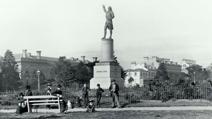 A photo of the statue of Captain Cook in Hyde Park dated "after 25 Feb 1879", which is the day it was unveiled.