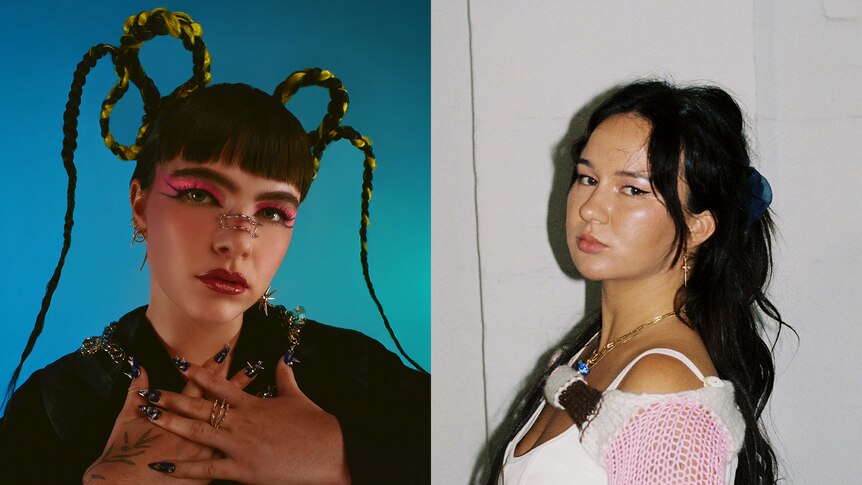 Two separate promotional photos of BENEE and Mallrat side by side.