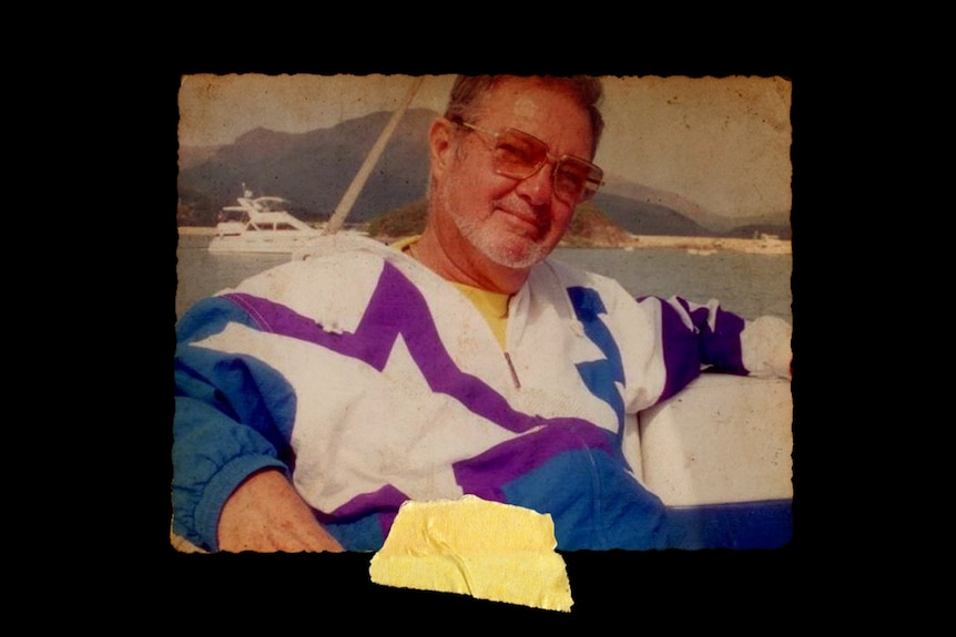 A faded photograph of a middle aged man with sunglasses and 80s jacket seated on boat at sea.
