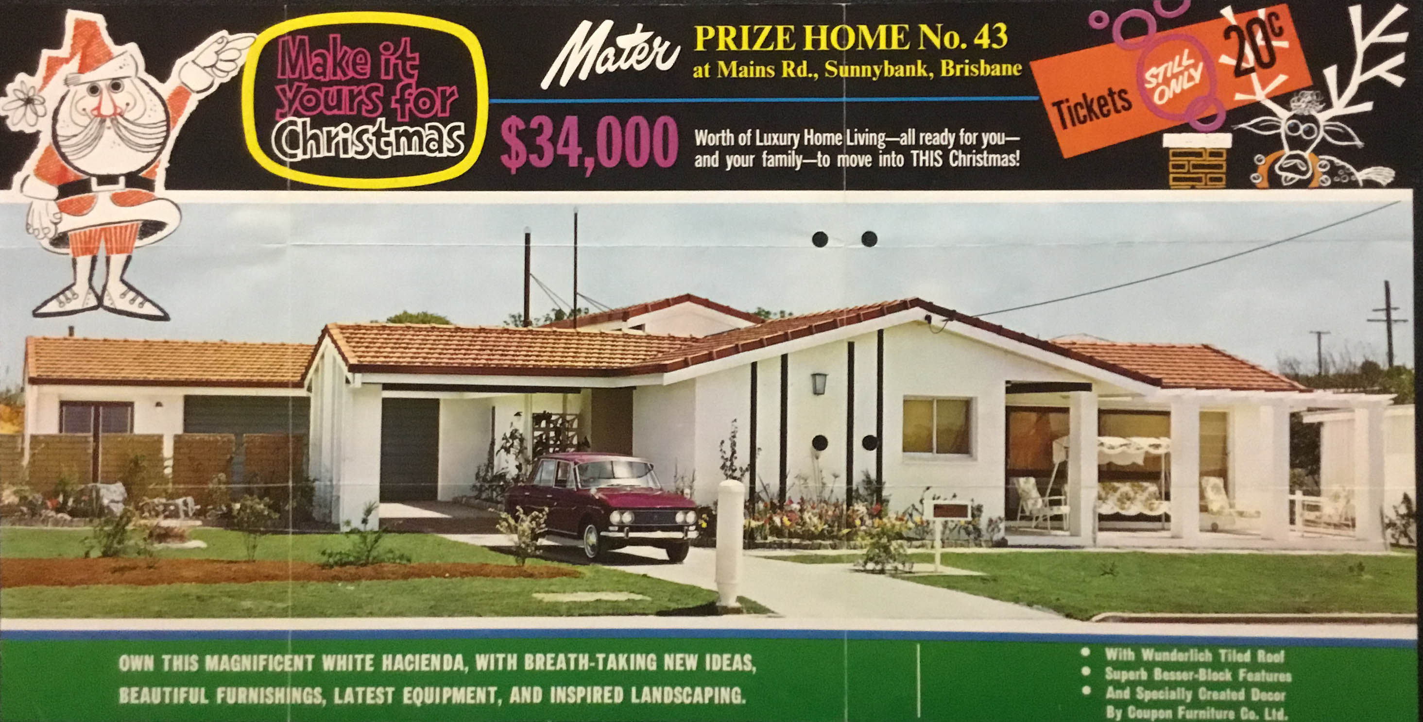 A retro brochure showing a white house with a red tile roof with a cherry red car parked in the driveway 