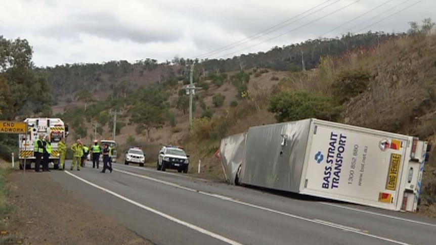 A truck on its side at Bagdad in Tasmania