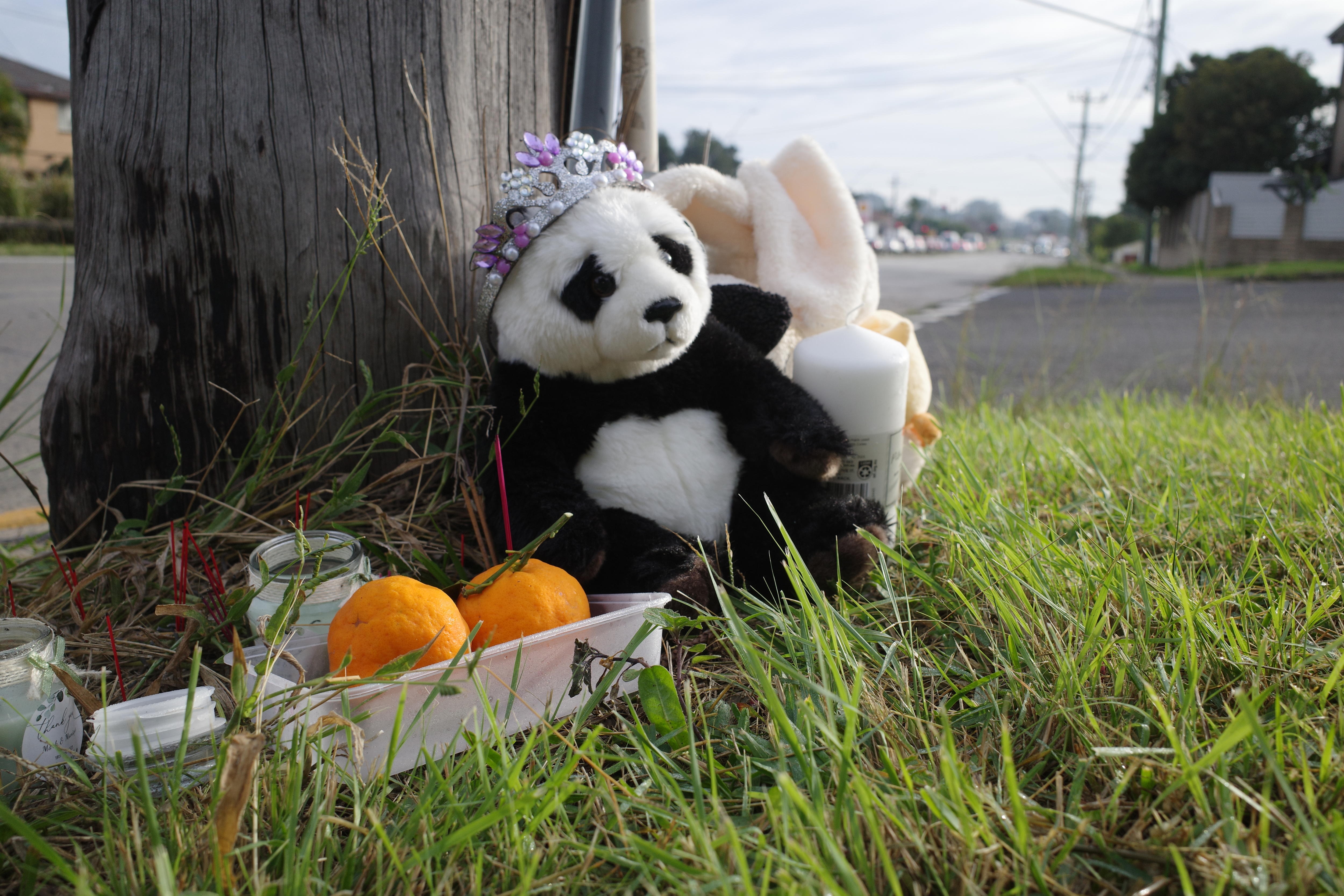 A plush toy panda, some other toys, a candle and fruit near a telegraph pole on a street.