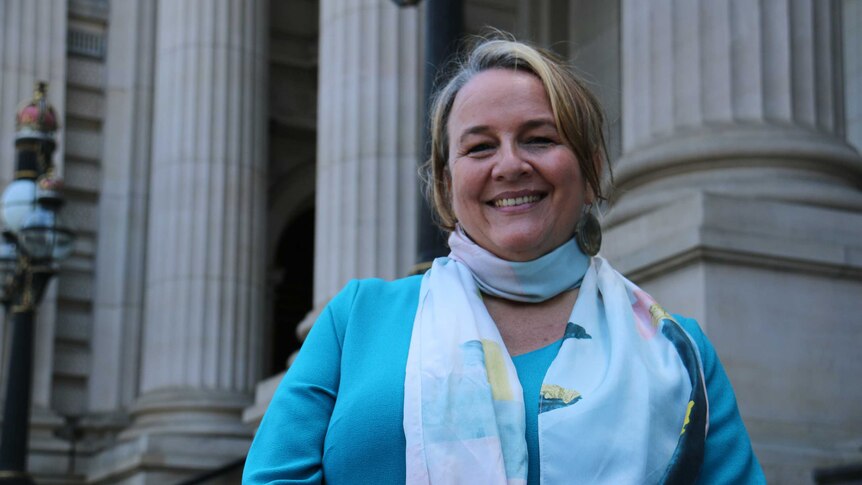 ICAN cofounder Dimity Hawkins outside Victoria's Parliament.