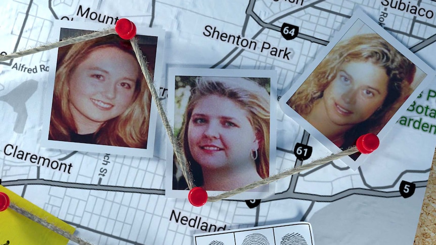 A graphic of three photos of women pinned to a map with string running between them.