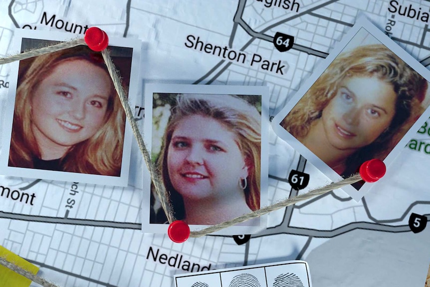 A graphic of three photos of women pinned to a map with string running between them.