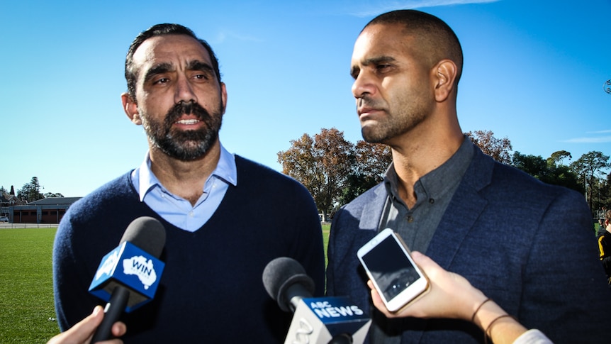 Adam Goodes and Michael O'Loughlin face the press in Bendigo.