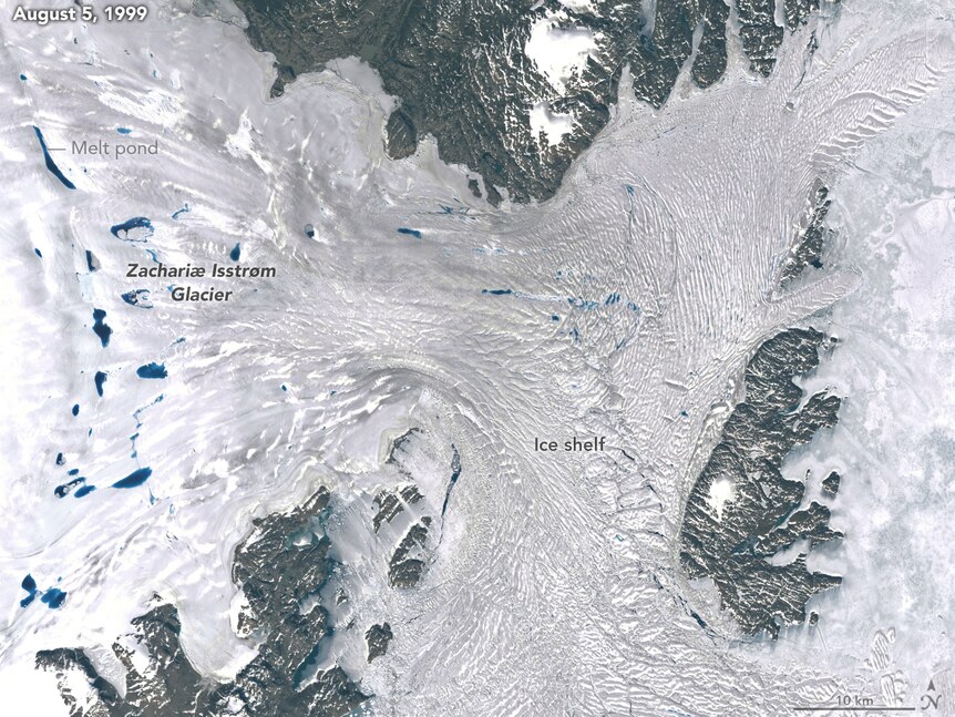 A satellite image of the Zacharae Isstrom glacier, taken in 1999