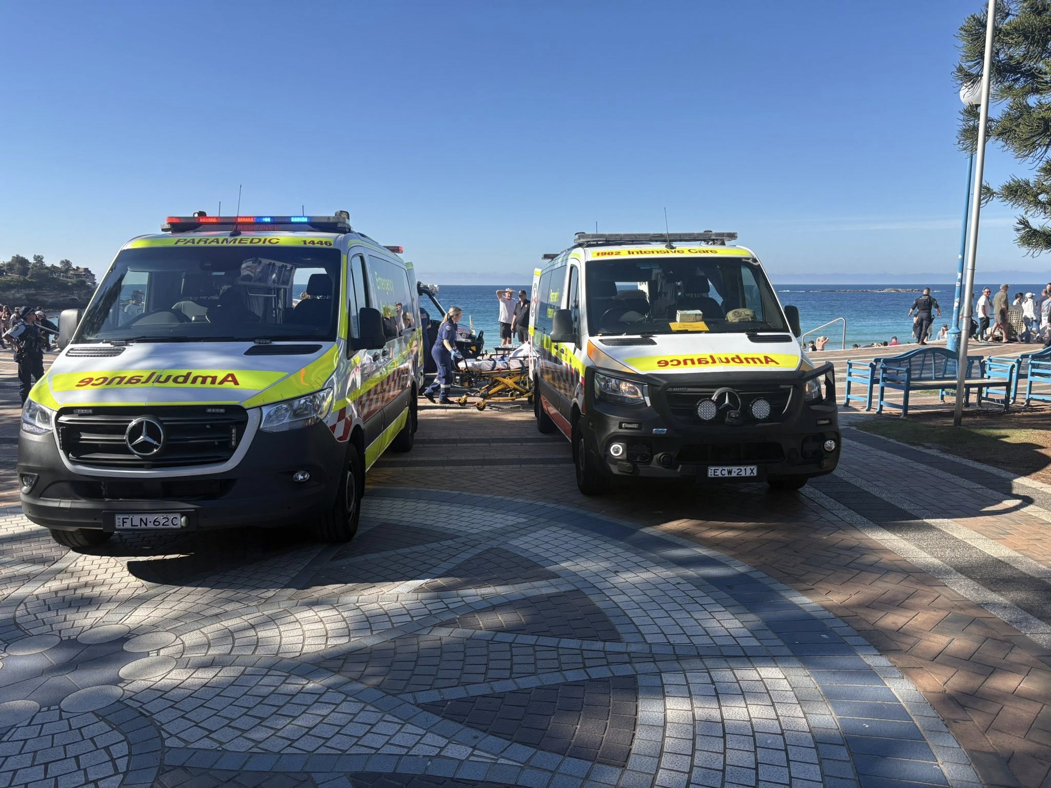 Ambulances at Coogee beach 130626 after a shark attack