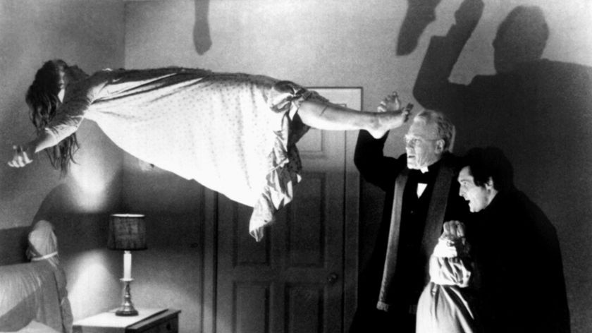 A scene from the 1973 classic The Exorcist, where Linda Blair portrays a young girl whose body is possessed with evil.