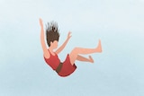 An illustration of a woman falling against a blue background.