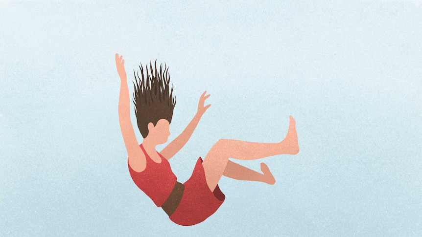 An illustration of a woman falling against a blue background.