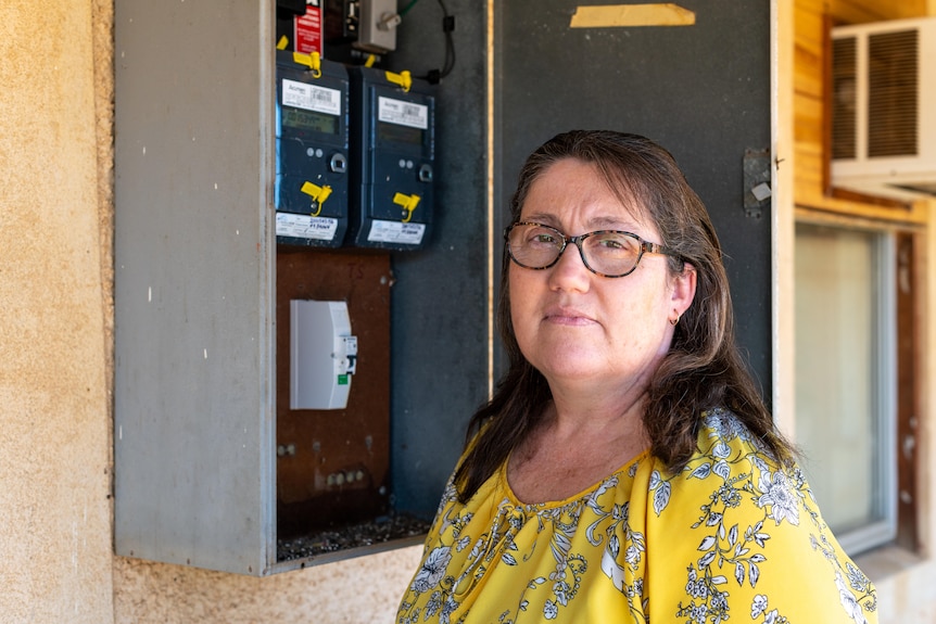 Bespectacled woman with brown hair and yellow top sitting standing in front of new smart power meter