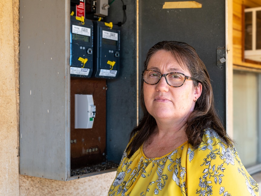 Bespectacled woman with brown hair and yellow top sitting standing in front of new smart power meter