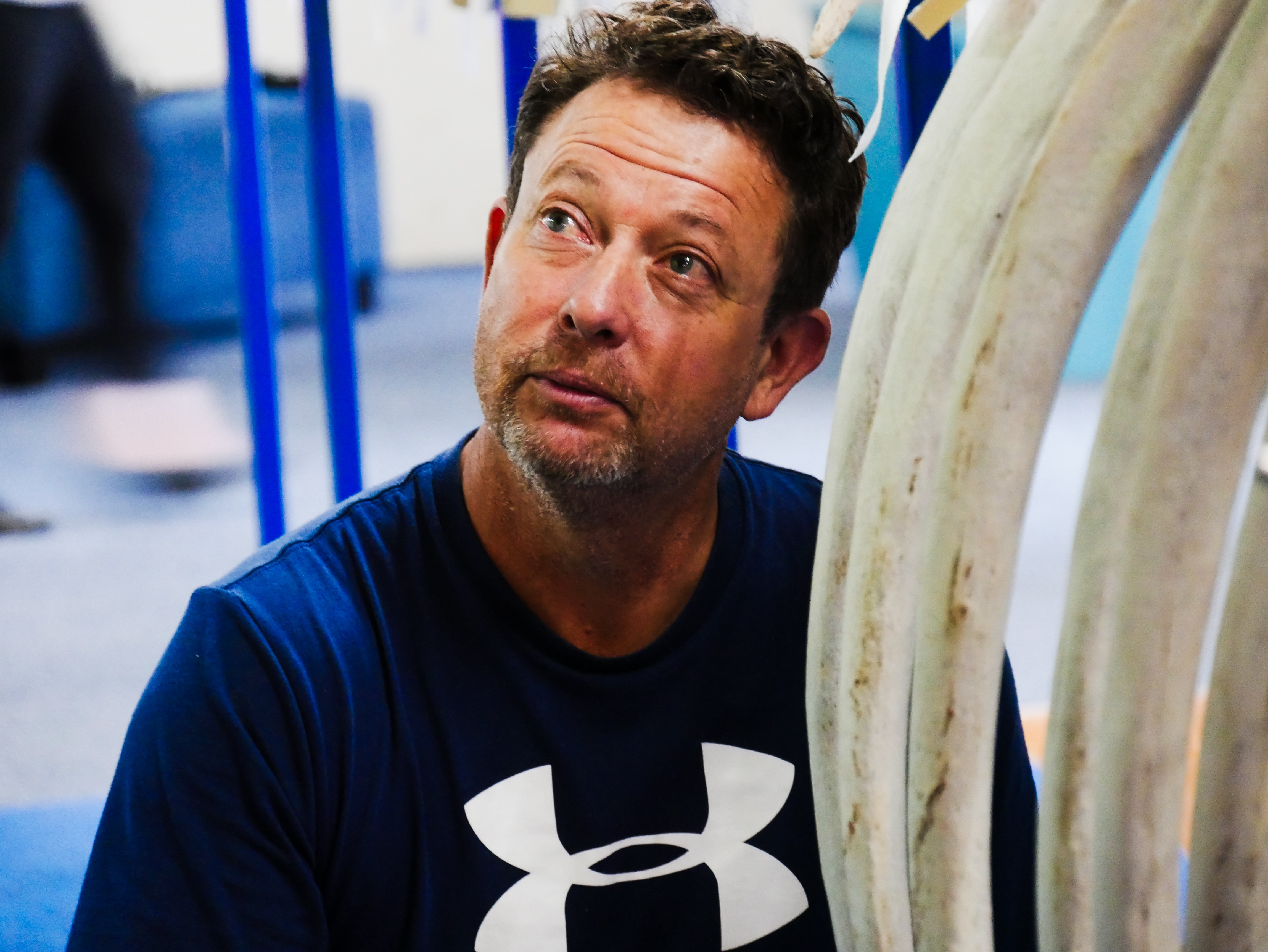 A man smiles up at a colleague whilst next to a whale's ribcage