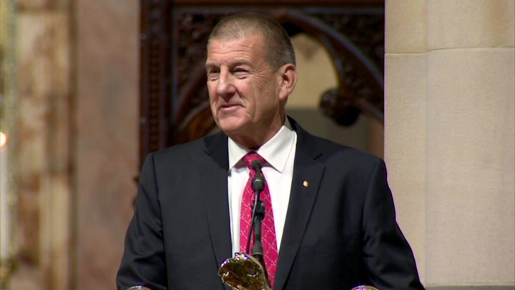 Jeff Kennett delivering a eulogy at the funeral of Ron Walker.
