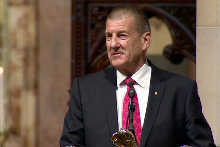 Jeff Kennett delivering a eulogy at the funeral of Ron Walker.