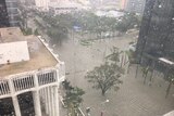 Taken from a hotel window, picture shows flooding on the street below