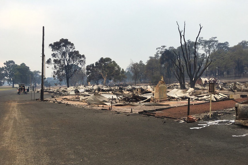 A rural street lined with destroyed houses.