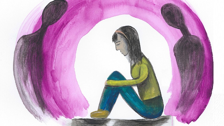An illustration shows a woman crouching on the ground beneath an eerie purple haze.