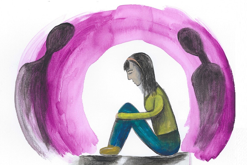 An illustration shows a woman crouching on the ground beneath an eerie purple haze.