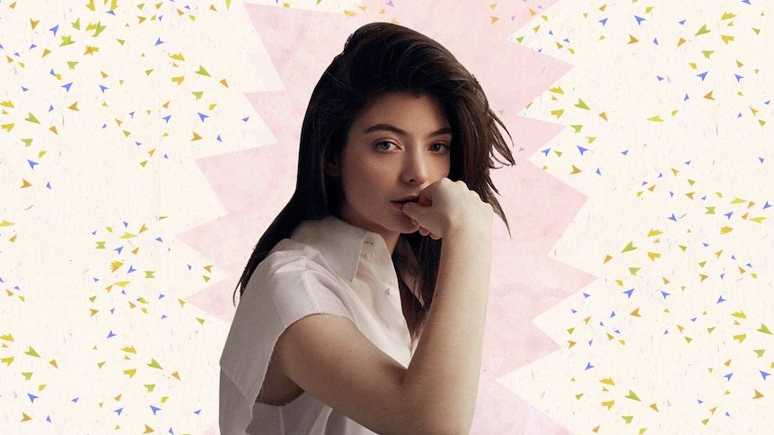 An image of Lorde on a beige and pink background illustrated with multi-coloured confetti.