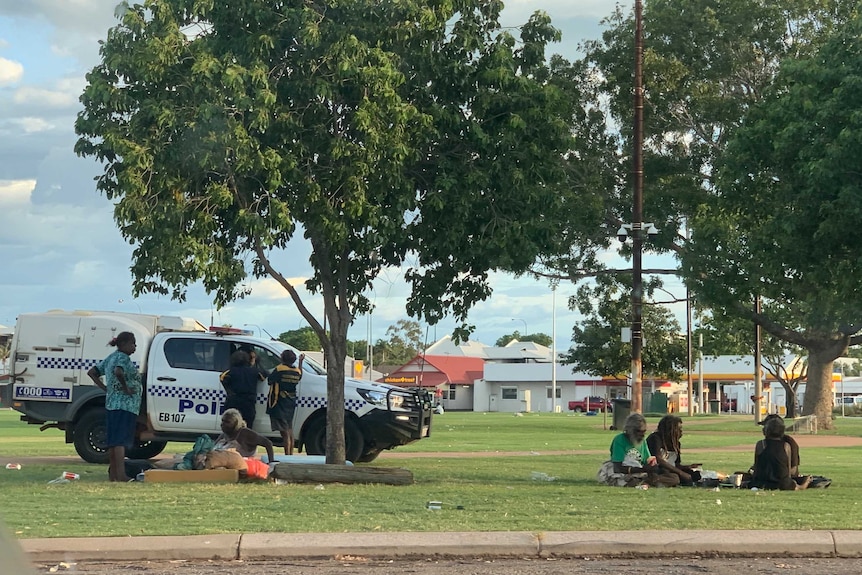 A wide shot of a park with people sitting under trees and a police car stopped to talk to people.