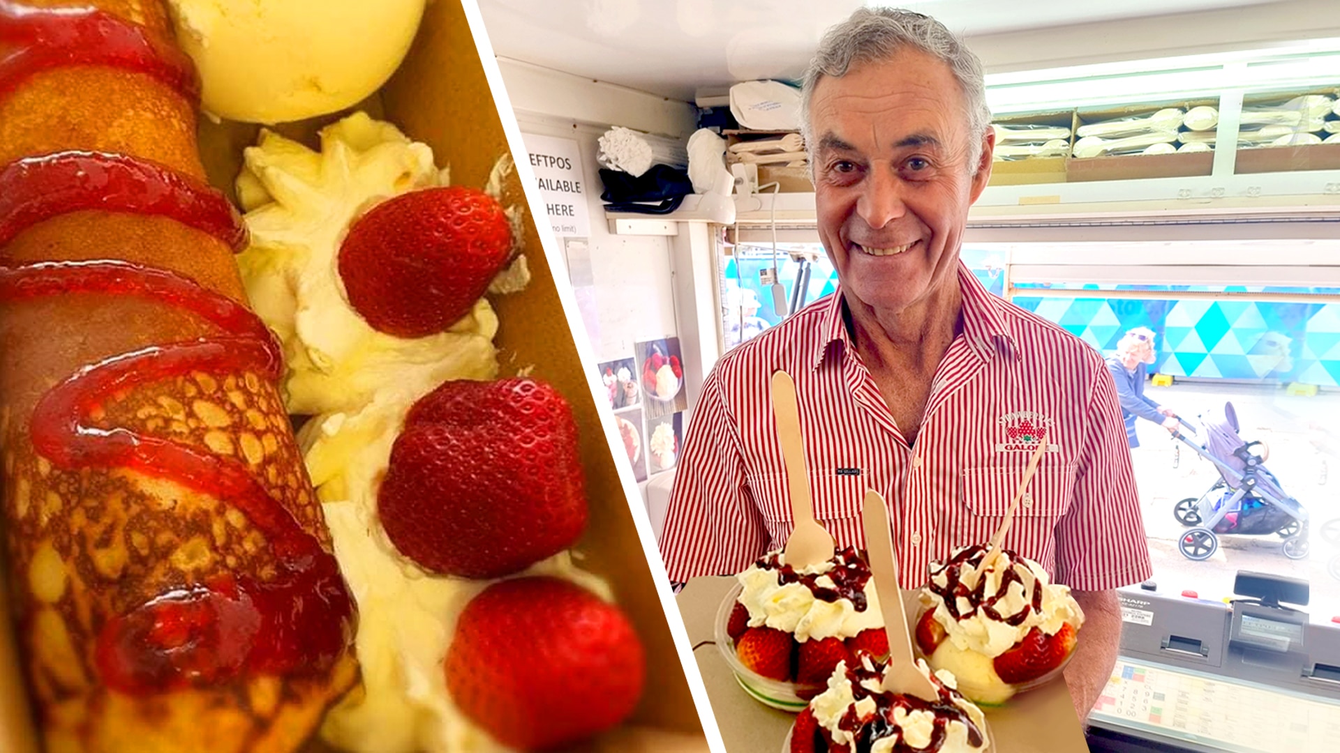 A composite image of pancakes with strawberries and cream, and Trevor Braun holding strawberries and cream with chocolate sauce.