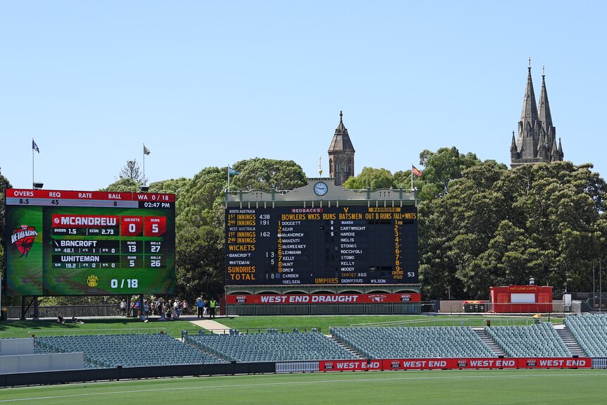 The Adelaide Oval scoreboard and hill