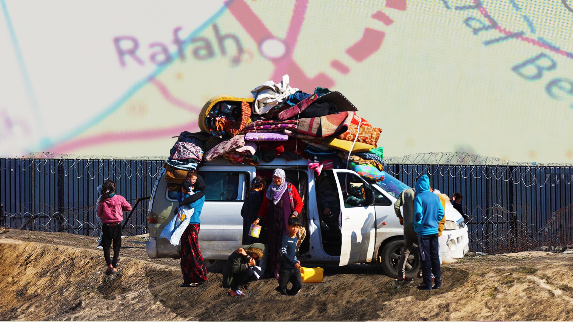 A car full of people standing against a fence with a map of Rafah overlaid 